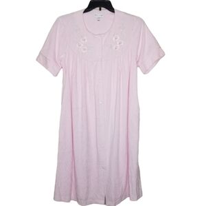 Vintage Miss Elaine Womens Pink Terrycloth‎ House Dress Robe Embroidered Flowers